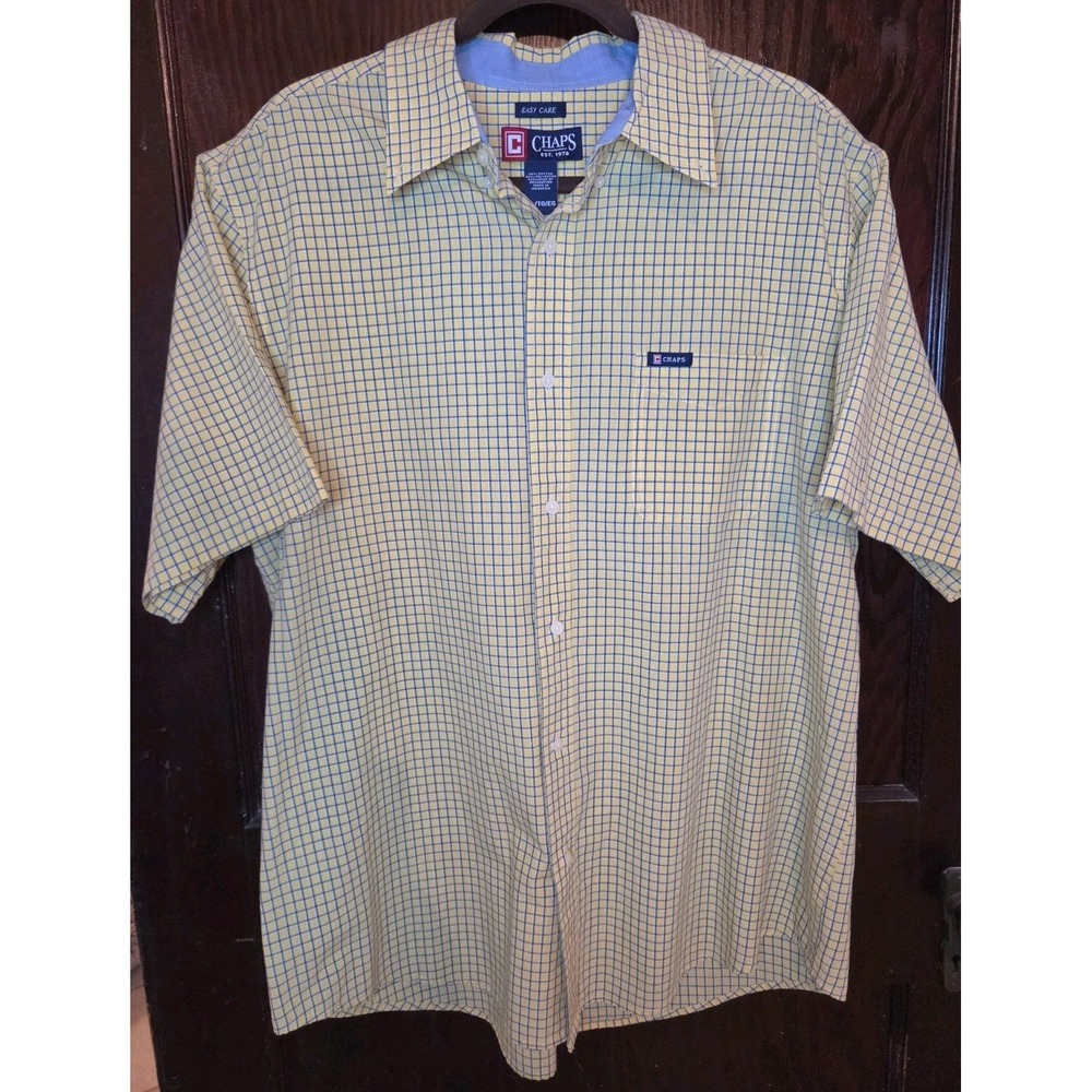 Chaps Easy‎ Care Mens Size XL Yellow Navy Plaid Button Down Dress Shirt Preppy